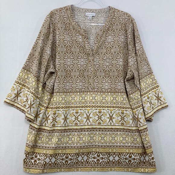 Susan Graver sz 3X Boho Abstract Print Split Neck 3/4 Sleeve Stretch Knit Tunic - Picture 1 of 11